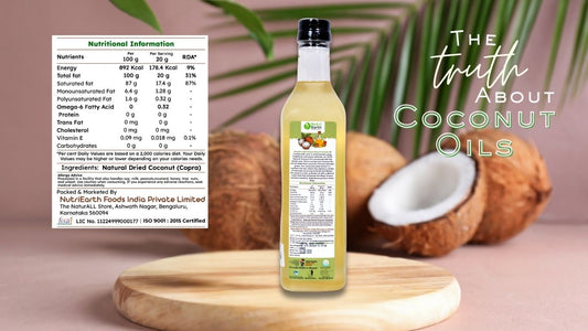 "NutriEarth coconut oil bottle with nutritional facts label, set against a tropical background with coconuts and palm leaves, highlighting 'The Truth About Coconut Oils'.