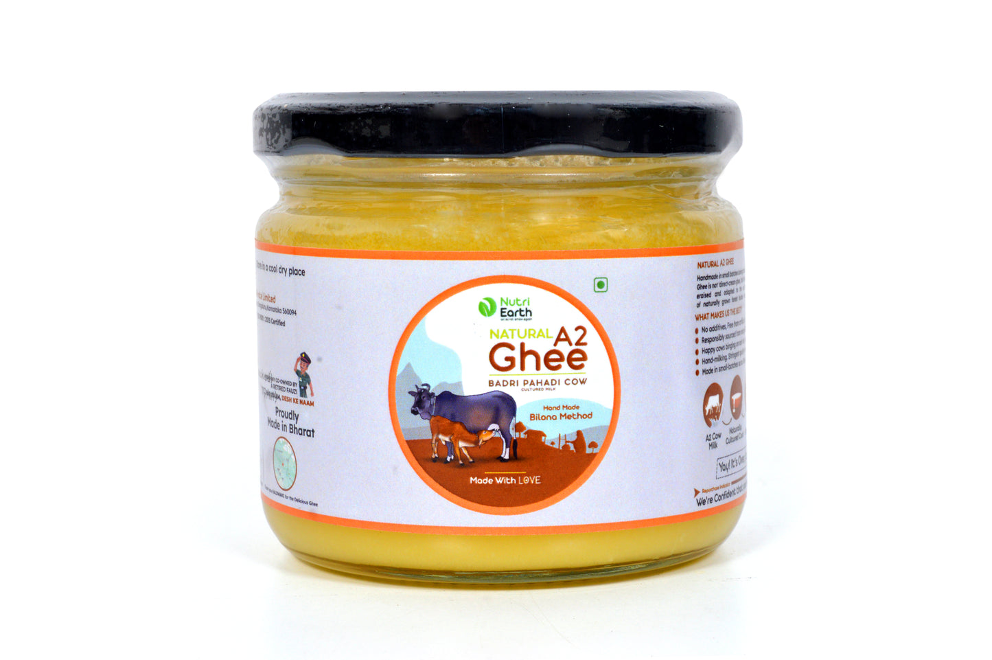 Nutriearth A2 Cow Ghee Badri in a glass jar with burlap lid, premium dairy product from (Himalayan Cow) cow milk available at The NaturALL Store