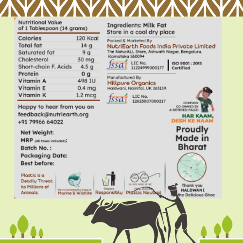 Nutriearth A2 Cow Ghee Badri Himalayan nutrition label and packaging details, highlighting pure milk fat and A2 protein-rich content.