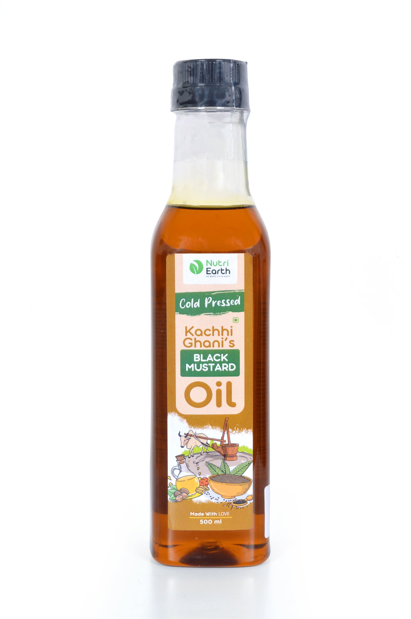 Nutriearth Wooden Cold Pressed Black Mustard Oil in bottle with black lid. Premium wood cold pressed oil buy online.