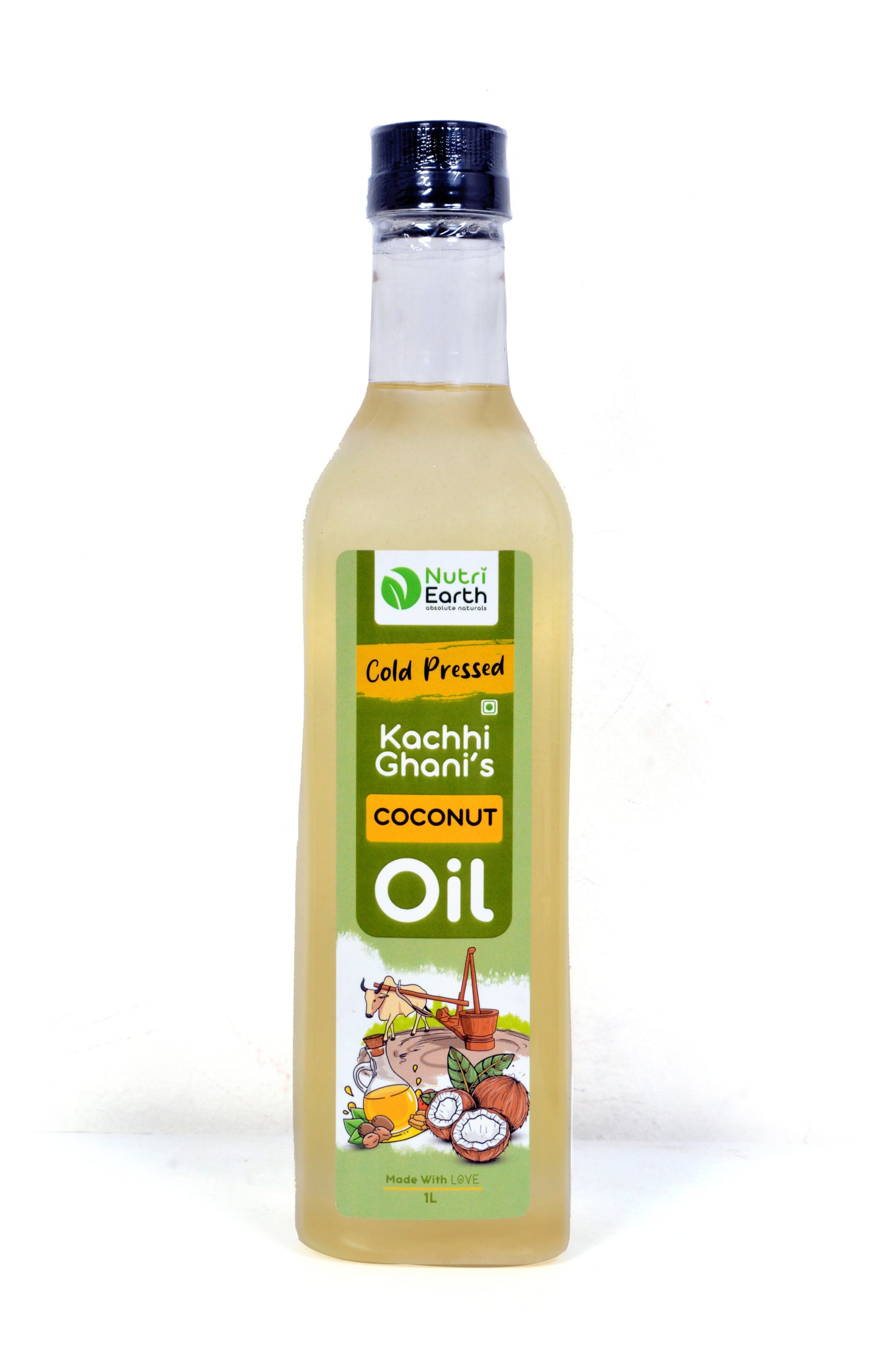 Nutriearth Wooden Cold Pressed Coconut Oil
in bottle with black lid. Premium wooden cold pressed oil buy online.