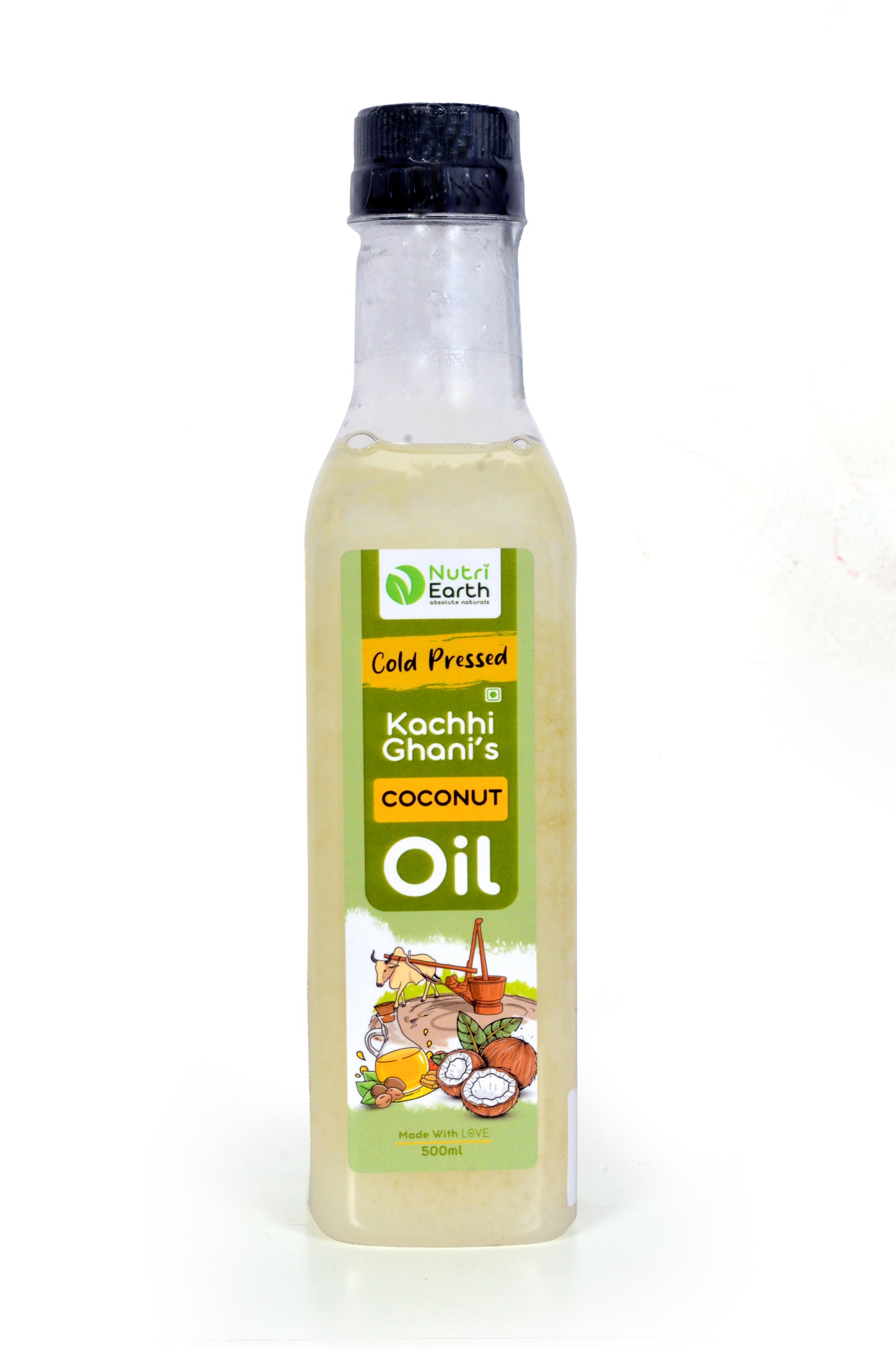 Nutriearth Wooden Cold Pressed Coconut Oil
in bottle with black lid. Premium wooden cold pressed oil buy online.