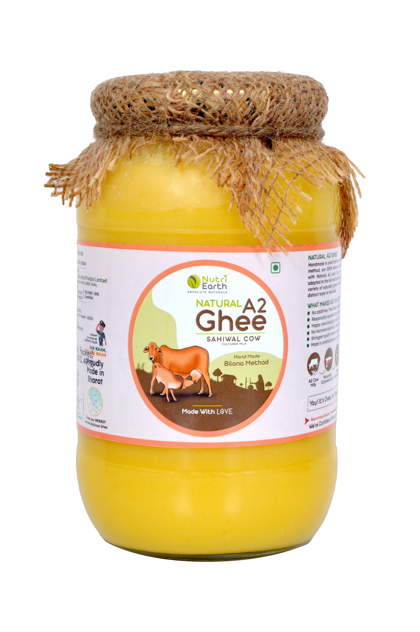 Nutriearth A2 Cow Ghee Sahiwal in glass jar, made using traditional hand bilona method for pure desi ghee. Premium dairy product for healthy cooking.