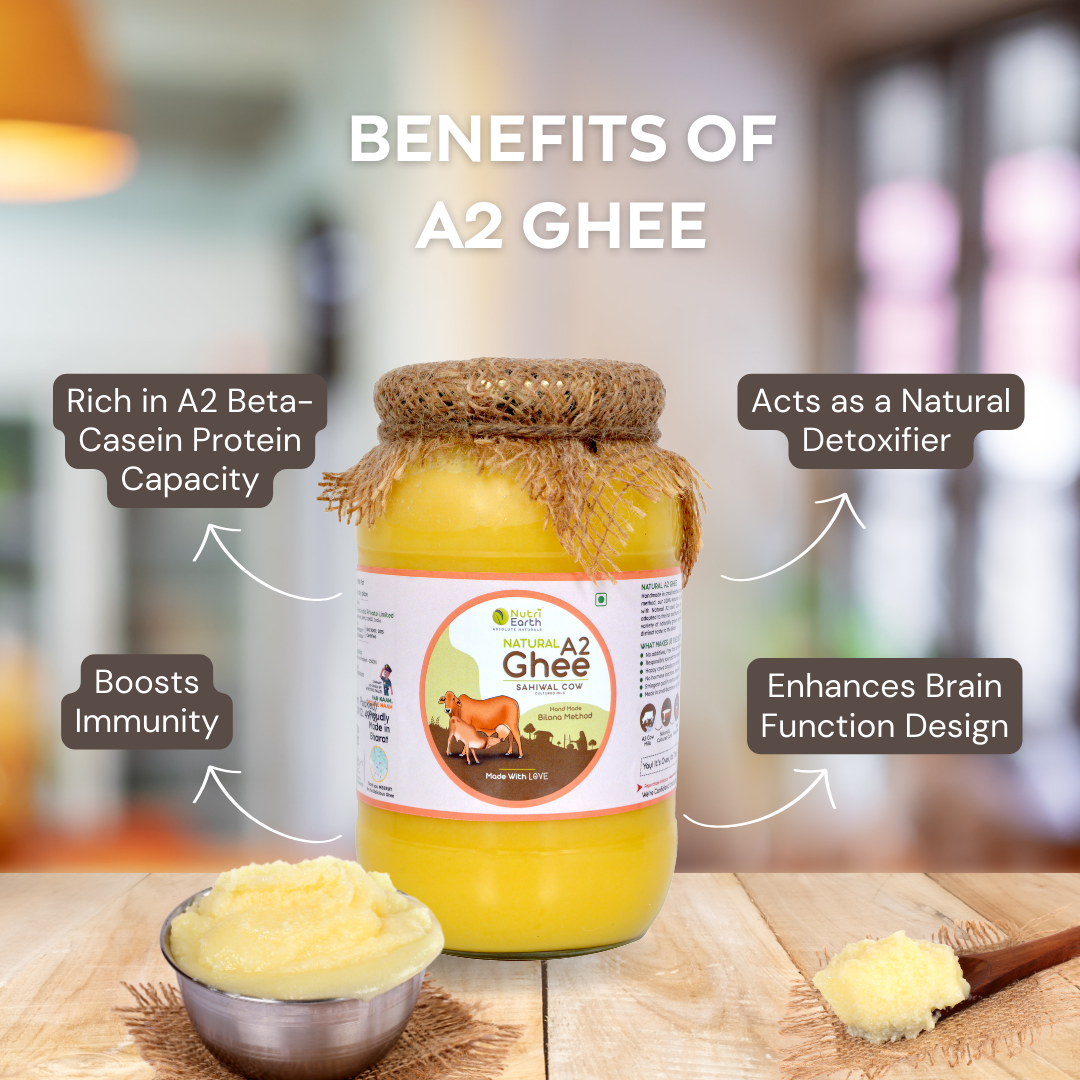 Nutriearth A2 Cow Ghee Sahiwal jar with wooden lid, surrounded by benefits like boosting immunity and enhancing brain function. A2 Desi Ghee - Buy Nutriearth A2 Cow Ghee Sahiwal Online.