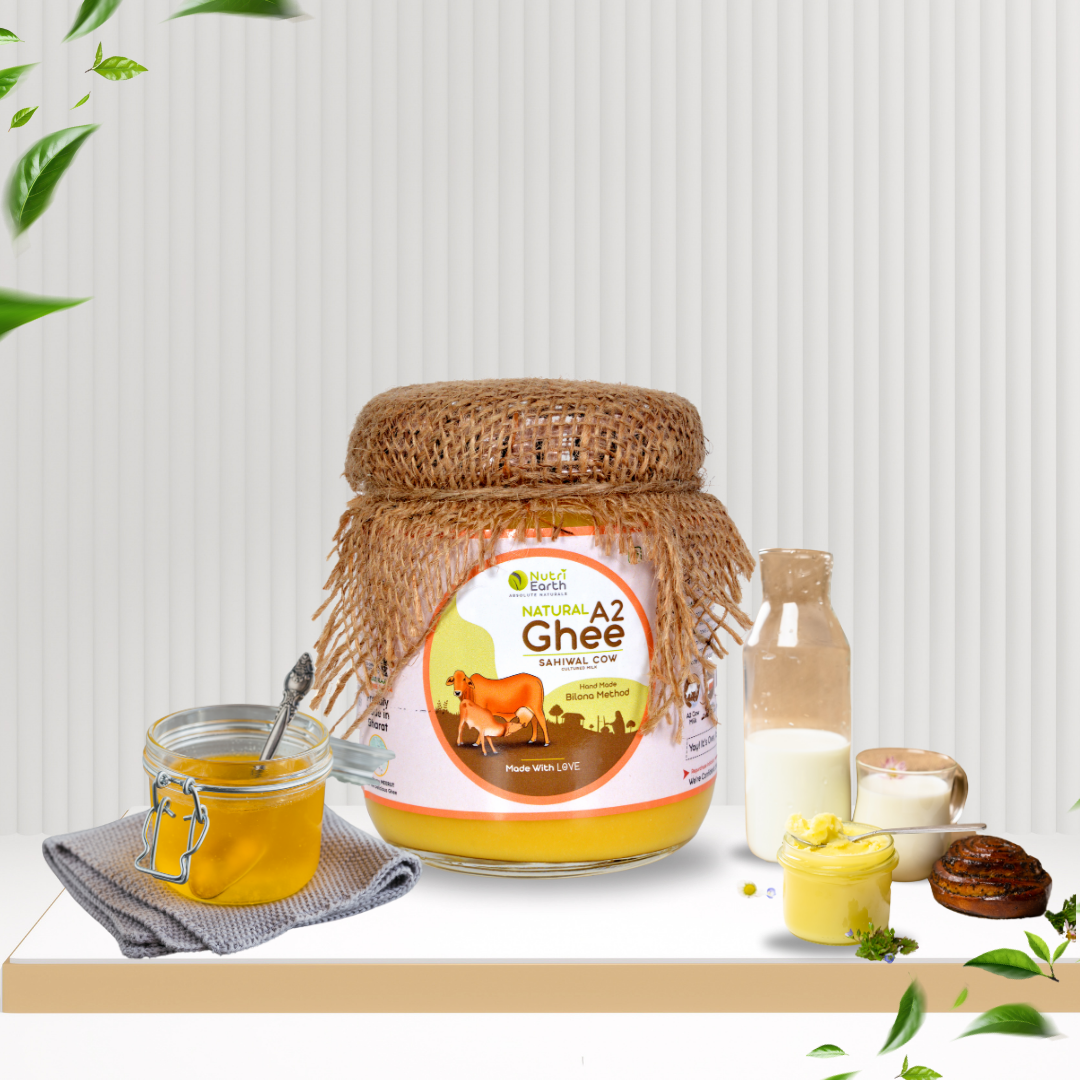 Nutriearth A2 Cow Ghee Sahiwal in a glass jar, made from curd of Sahiwal cow milk using Bilona method, no preservatives added