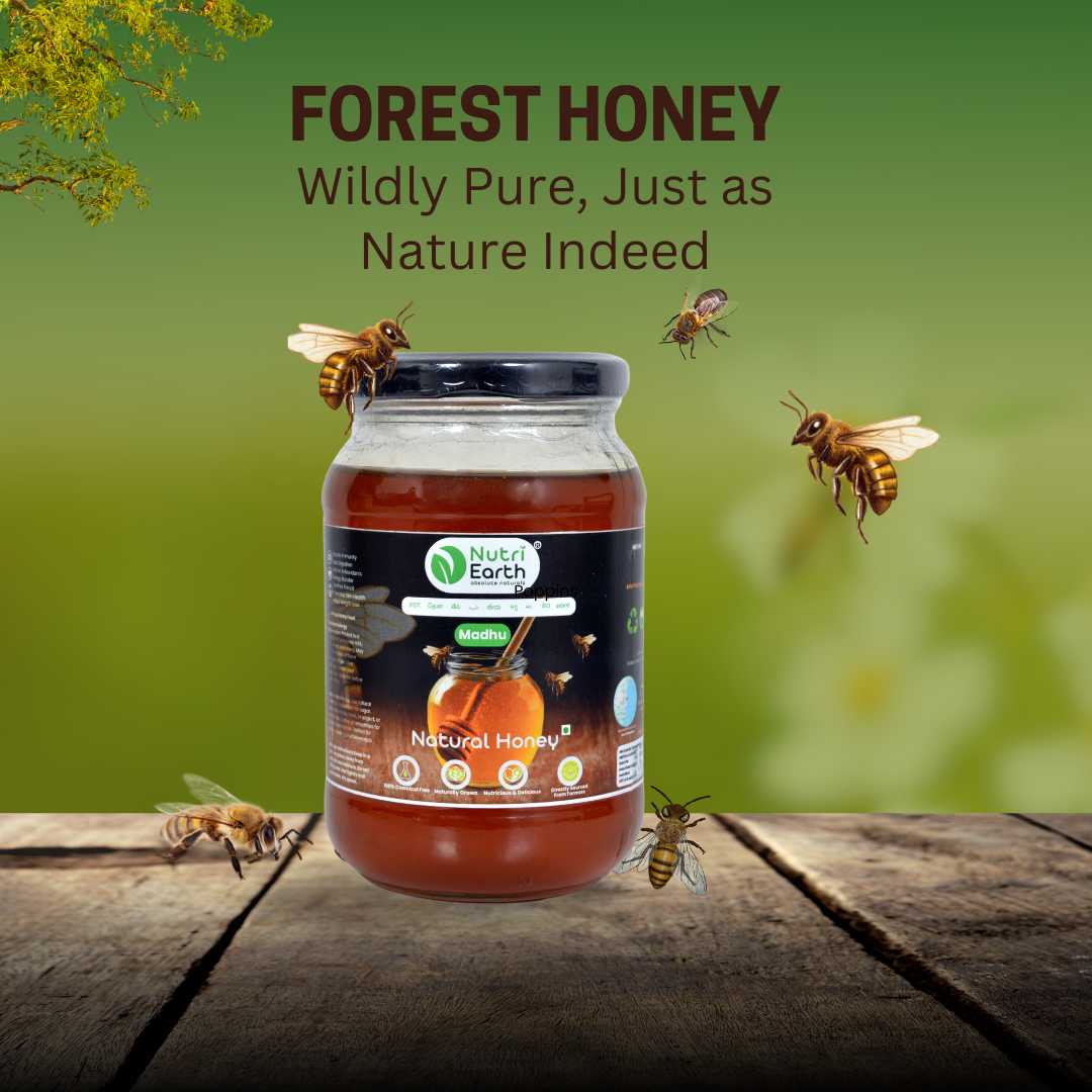 Nutriearth Natural Forest Honey in a glass jar with black lid, with honeybee on the bottle Buy Natural Forest Honey online.