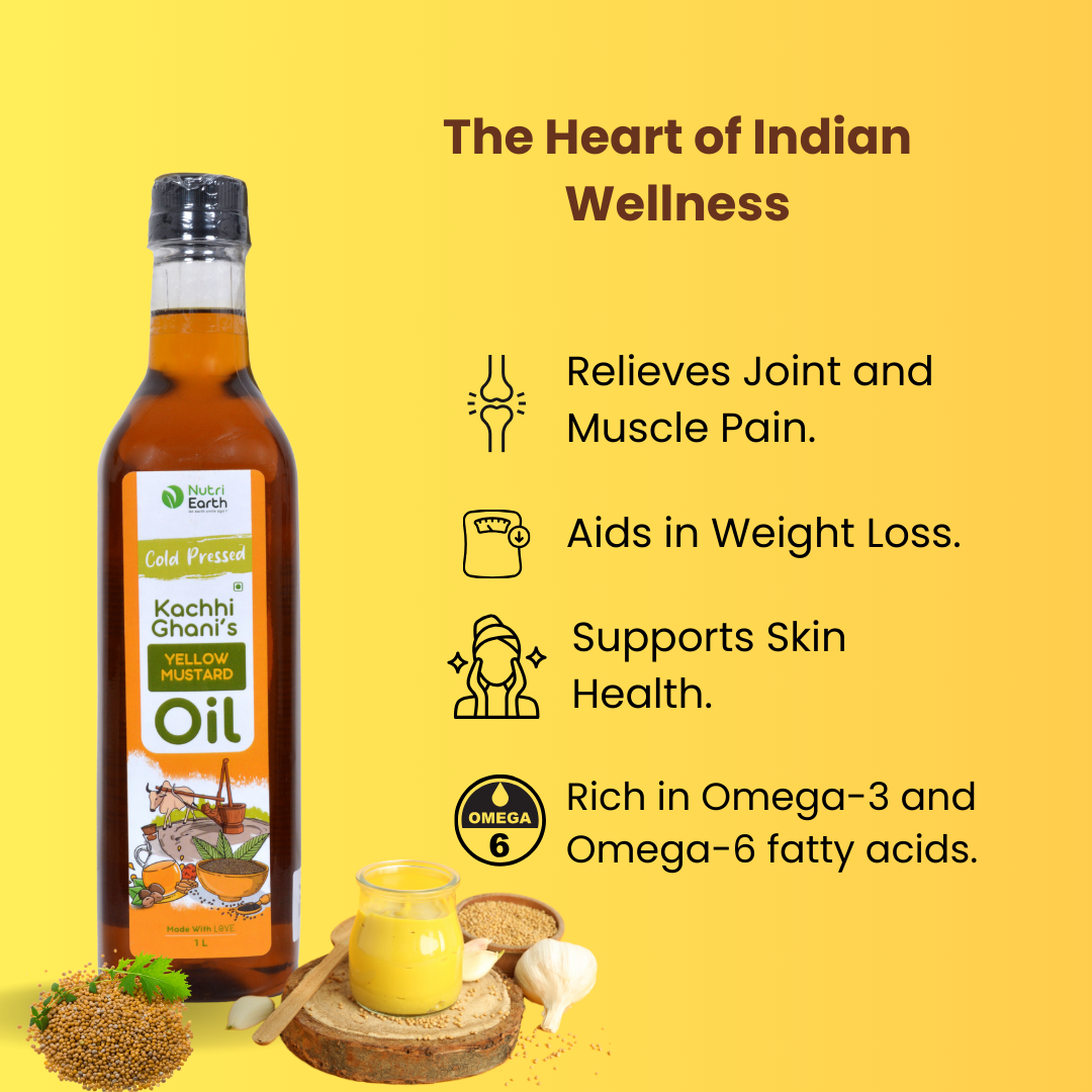 Nutriearth Wooden Cold Pressed Yellow Mustard Oil in bottle with black lid with its essential benefits. Premium wood cold pressed oil buy online.