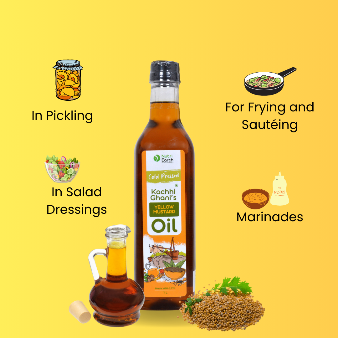 Nutriearth Wooden Cold Pressed Yellow Mustard Oil in bottle with black lid with its uses. Premium wood cold pressed oil buy online.