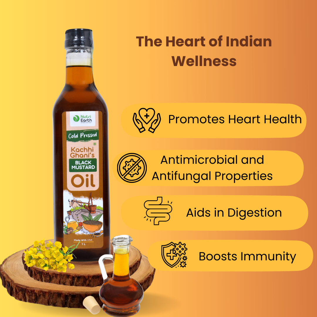 Wooden Cold Pressed Black Mustard Oil - Nutri Earth with its essential benefits.