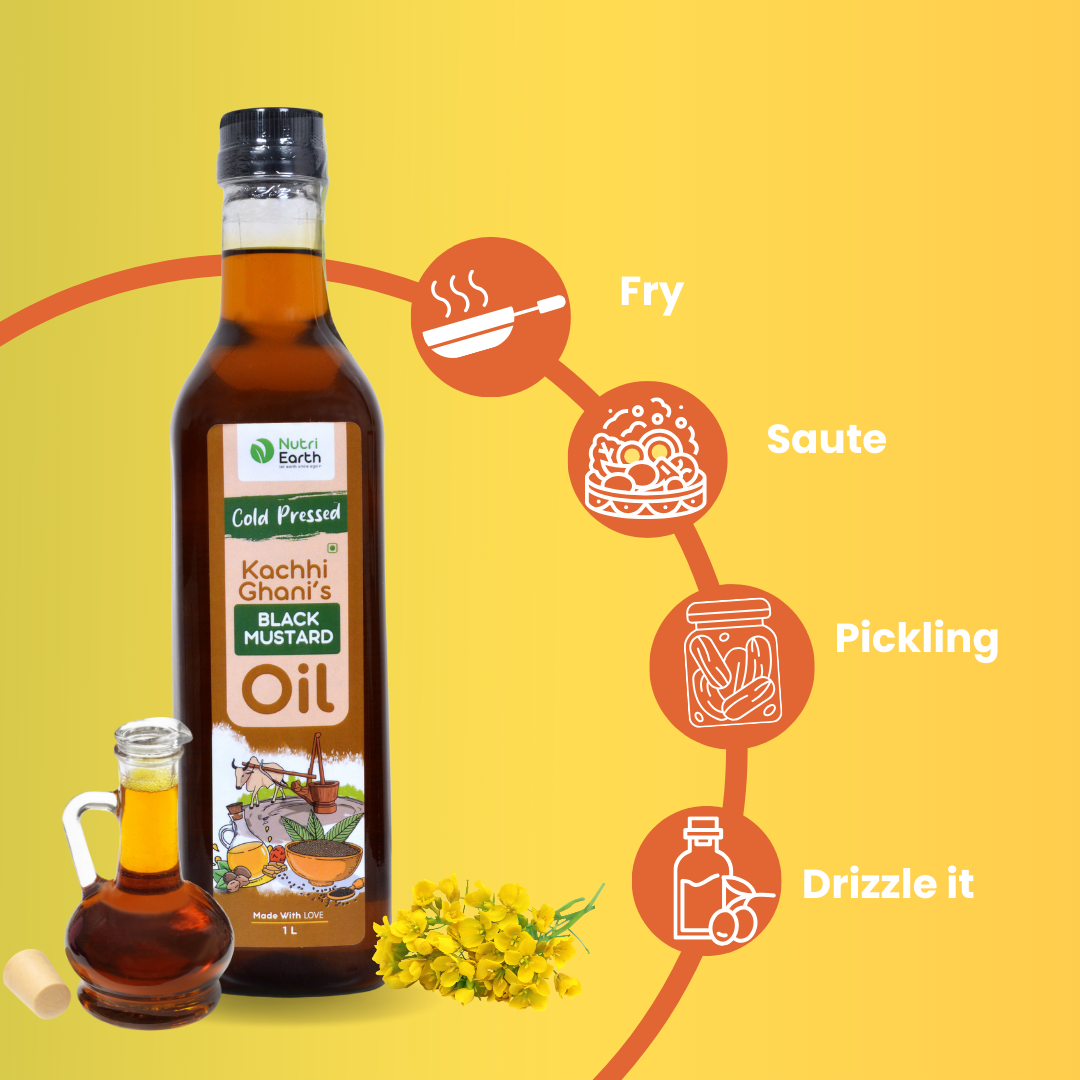 Wooden Cold Pressed Black Mustard Oil - Nutri Earth with its essential uses.