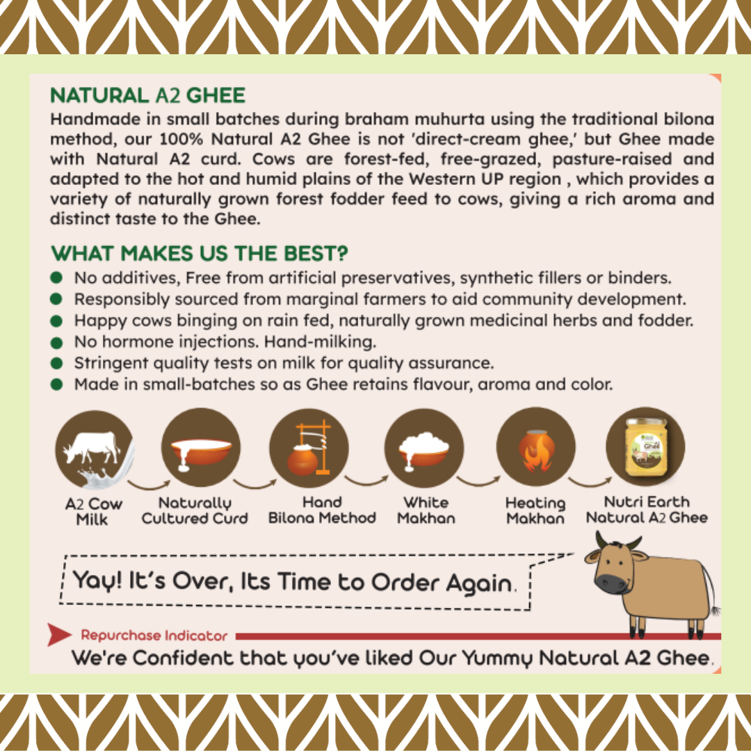 Nutriearth A2 Cow Ghee Sahiwal infographic highlighting hand bilona method, natural ingredients, and health benefits. Buy A2 Desi Ghee online now.