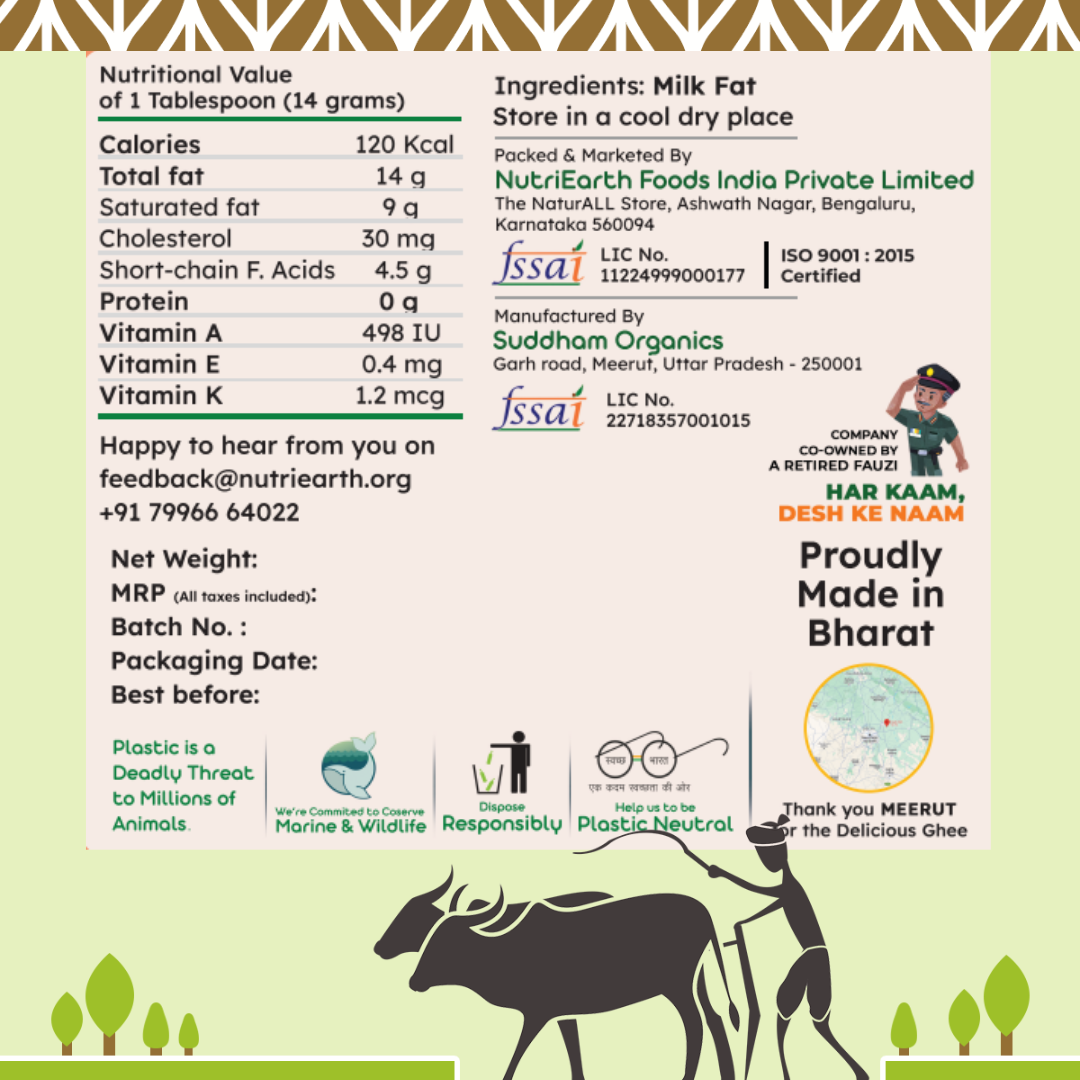 A2 Desi Ghee - Buy Nutriearth A2 Cow Ghee Gir Online label showing nutritional facts, ingredients, certifications, and eco-friendly packaging claims.