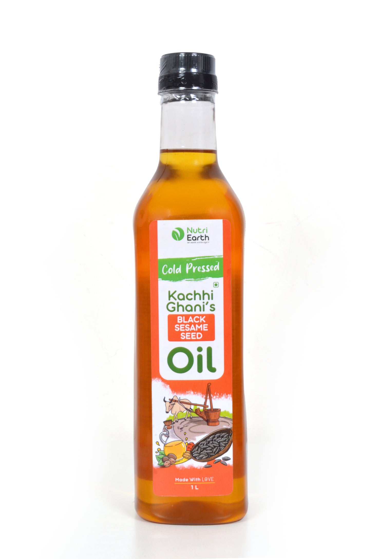 Nutriearth Wooden Cold Pressed Black Sesame Oil in bottle with black lid, Premium wood cold pressed oil buy online.