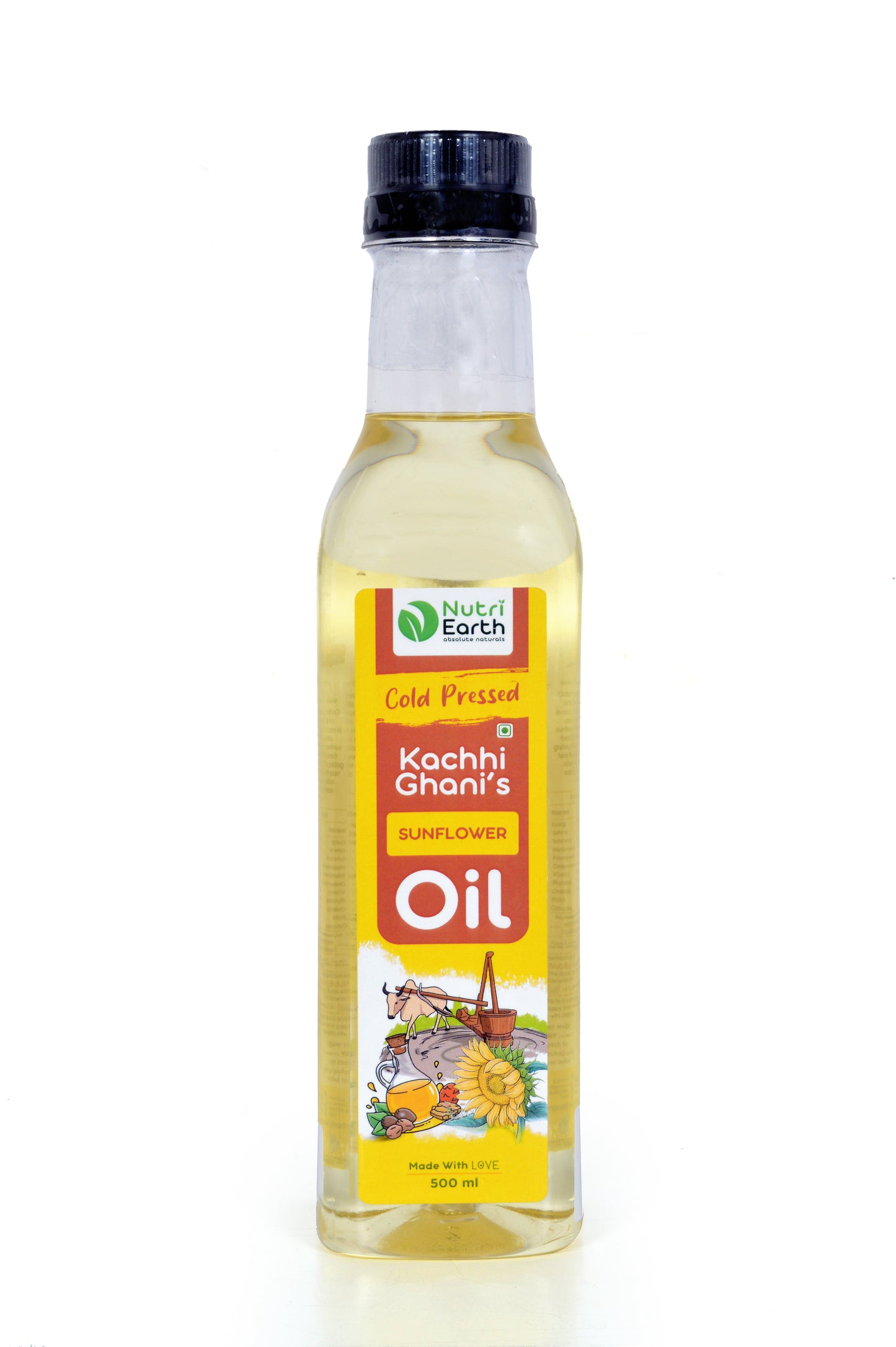 Nutriearth Wooden Cold Pressed Sunflower Oil in bottle with black lid, Premium wood cold pressed oil buy online.