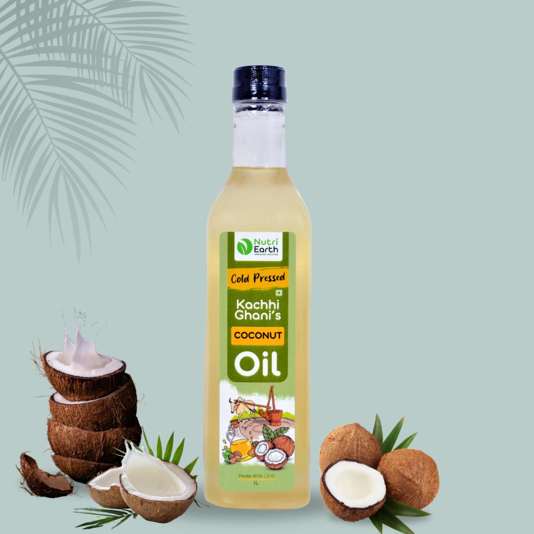 Nutriearth Wooden Cold Pressed Coconut Oil
in bottle with black lid displayed with coconut . Premium wooden cold pressed oil buy online.