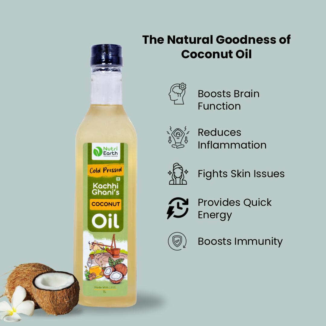Nutriearth Wooden Cold Pressed Coconut Oil
in bottle with black lid with its essential benefits. Premium wooden cold pressed oil buy online.