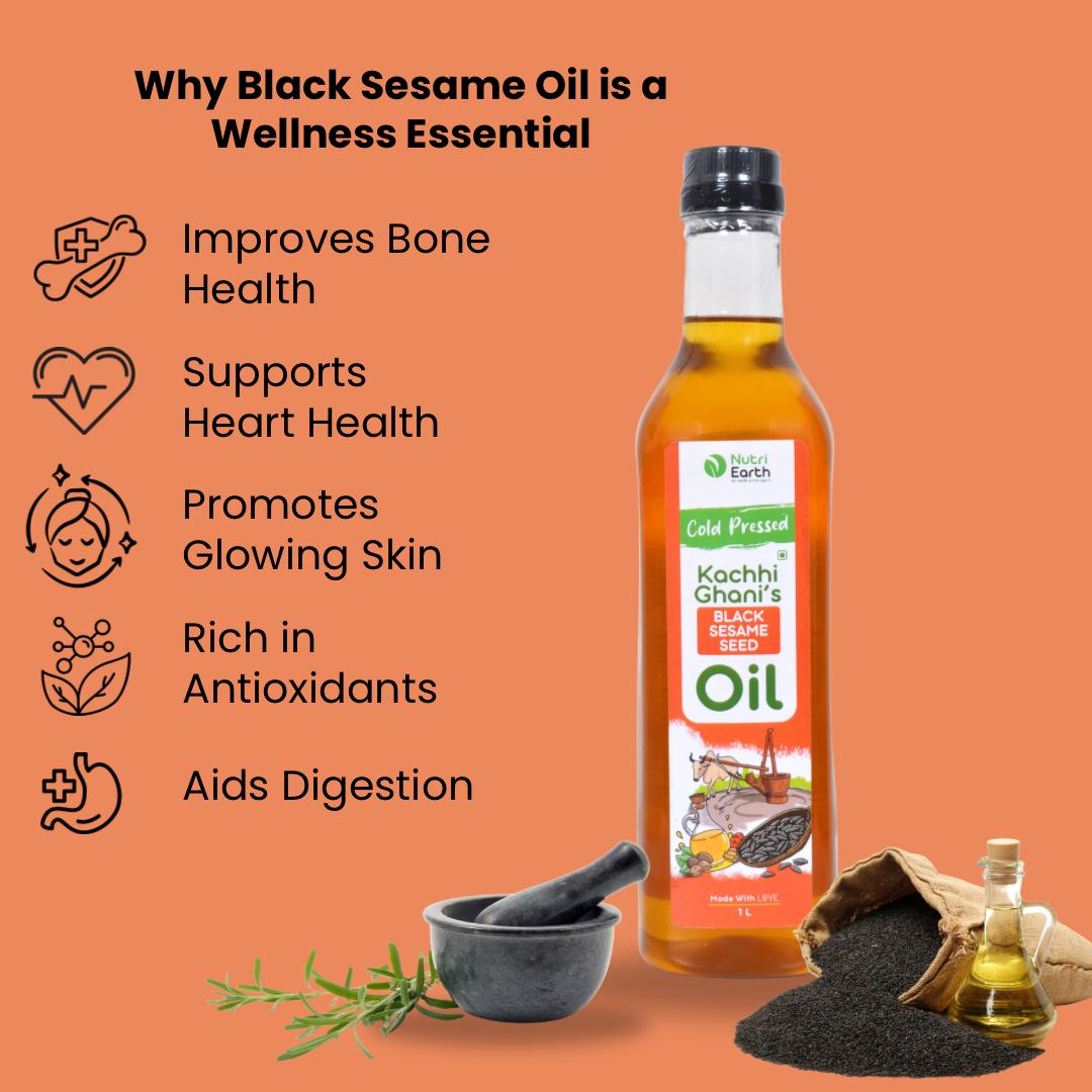 Nutriearth Wooden Cold Pressed Black Sesame Oil in bottle with black lid, with its benefits and black sesame seeds. Premium wood cold pressed oil buy online.