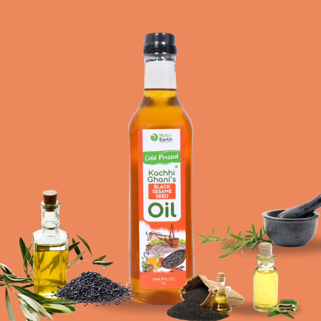 Nutriearth Wooden Cold Pressed Black Sesame Oil in bottle with black lid, Premium wood cold pressed oil buy online.