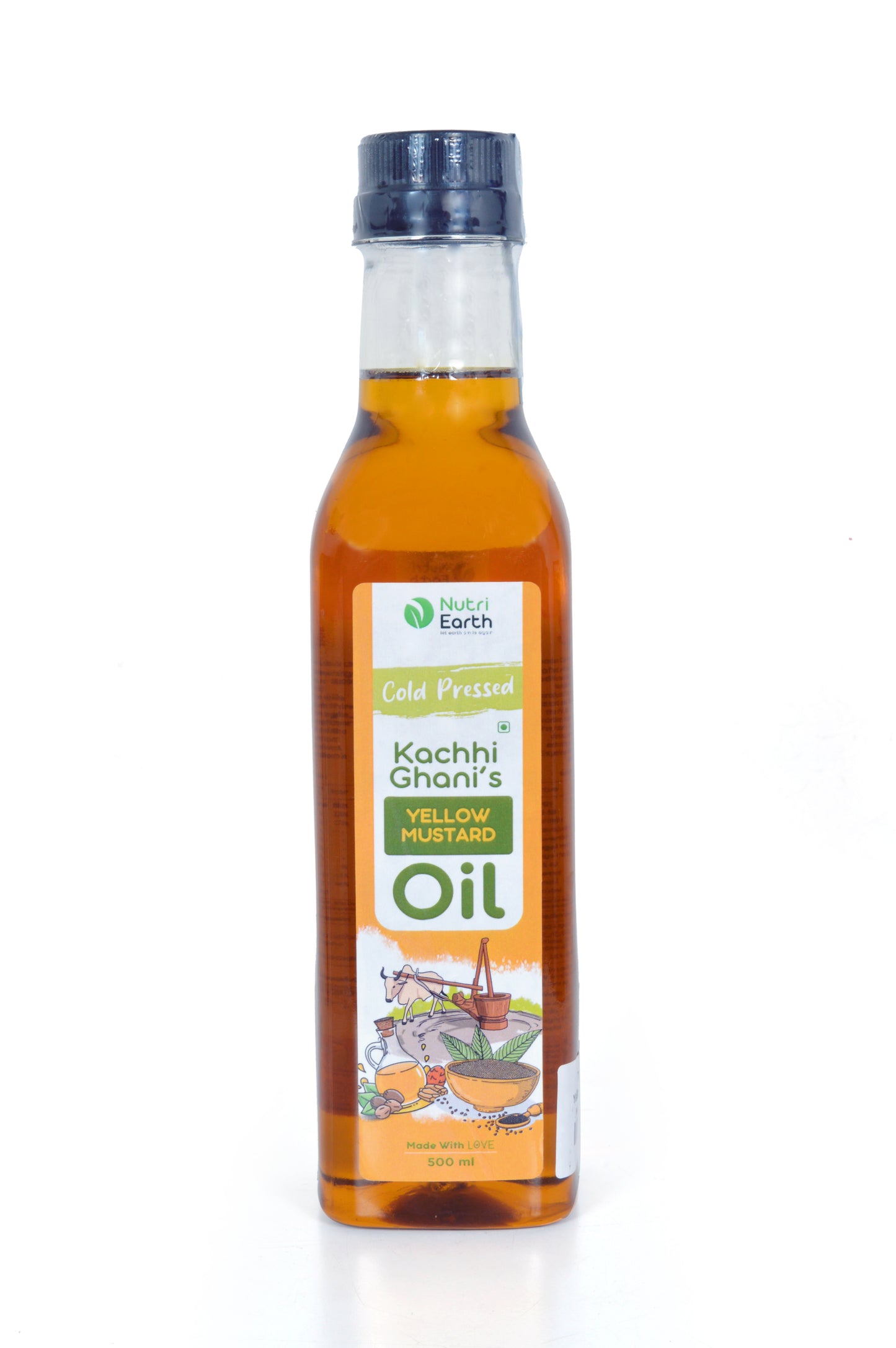 Nutriearth Wooden Cold Pressed Yellow Mustard Oil in bottle with black lid, Premium wood cold pressed oil buy online.