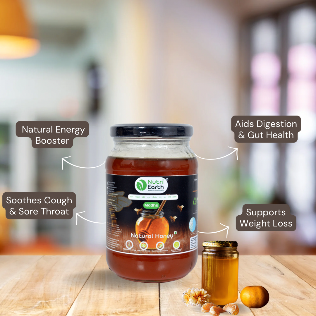 Nutriearth Natural Forest Honey in a glass jar with burlap lid, highlighting uses like soothes cough, boost energy and weight loss.