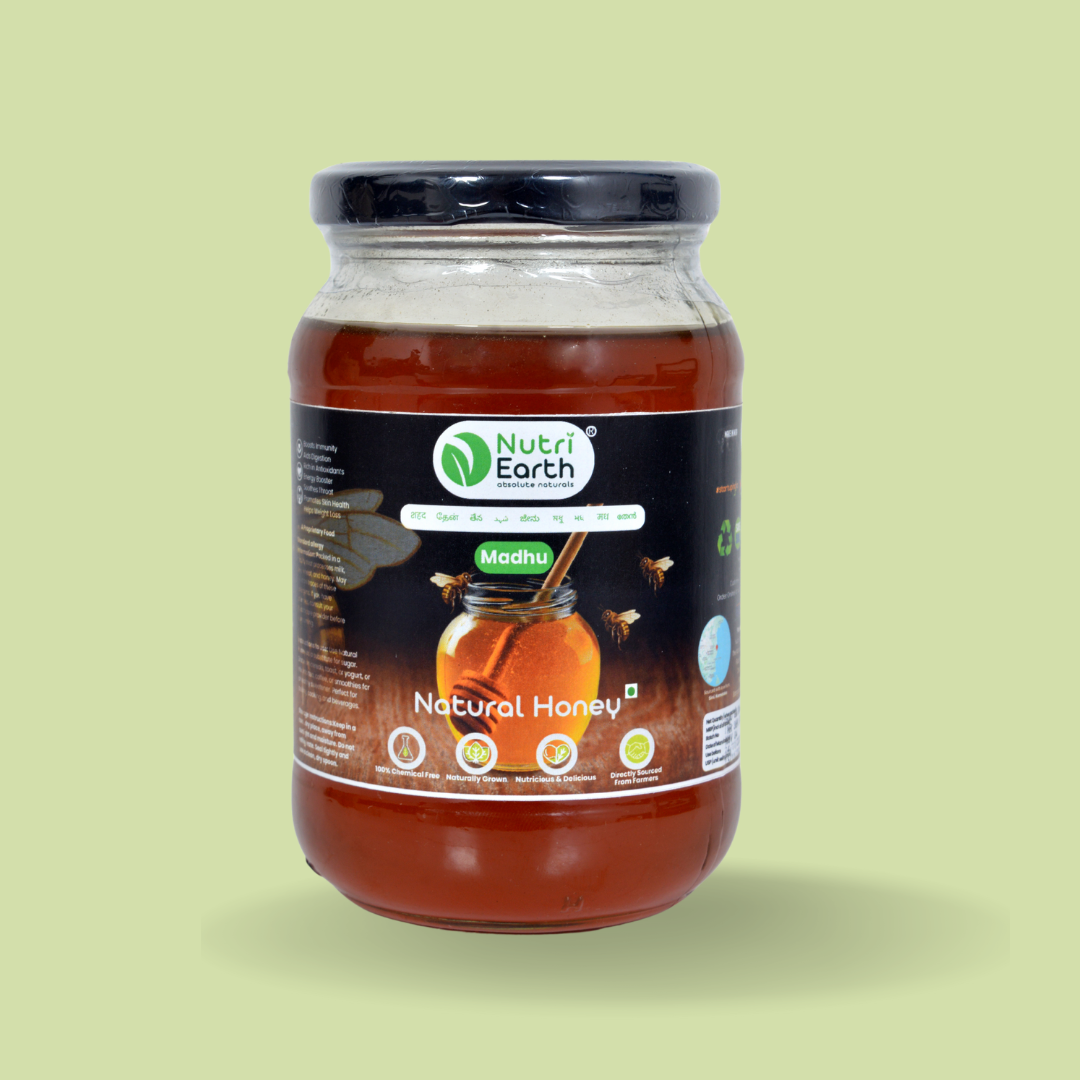 Nutriearth Natural Forest Honey in a glass jar with black lid, Buy Natural Forest Honey online.