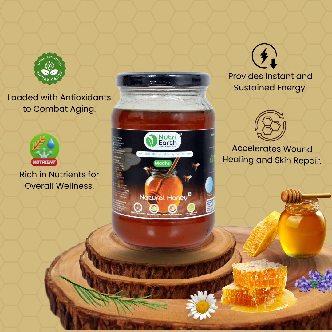 Nutriearth Natural Forest Honey in a glass jar with burlap lid, highlighting health benefits like antioxidants, rich in nutrients and skin care.