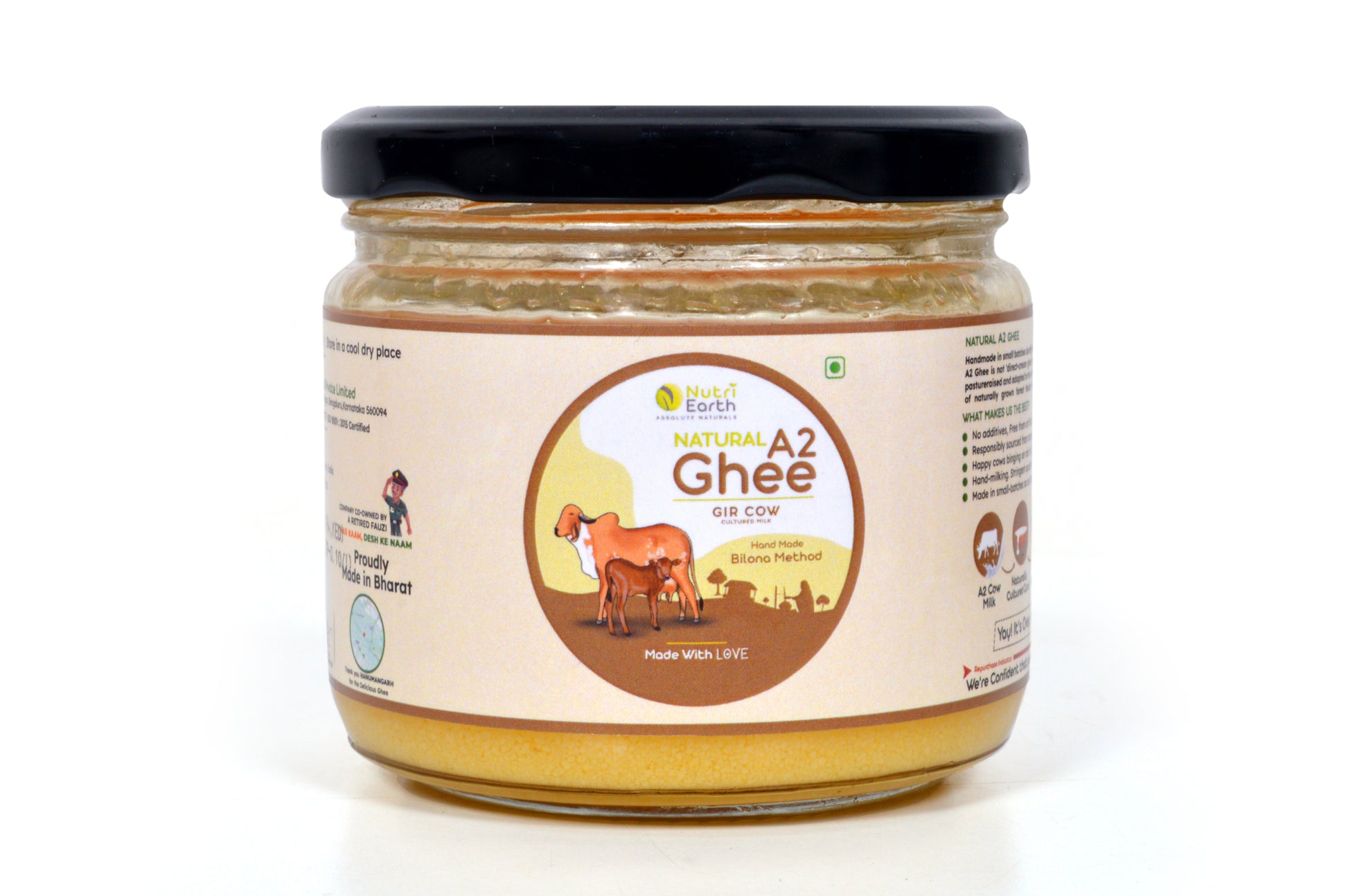 
Nutriearth A2 Cow Ghee Gir in a glass jar with black lid, showcasing premium dairy product made from Gir cow milk. Buy A2 cow ghee online at The NaturALL Store.