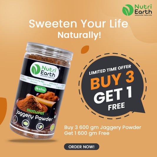 Nutri Earth jaggery powder container with promotional text on a brown background