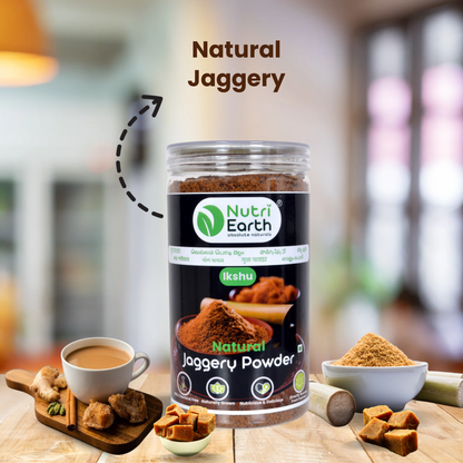 Nutriearth Natural Jaggery Powder
in a plastic bottle with transparent Lid, displayed with jaggery tea and jaggery lumps. Buy Natural Jaggery Powder online.